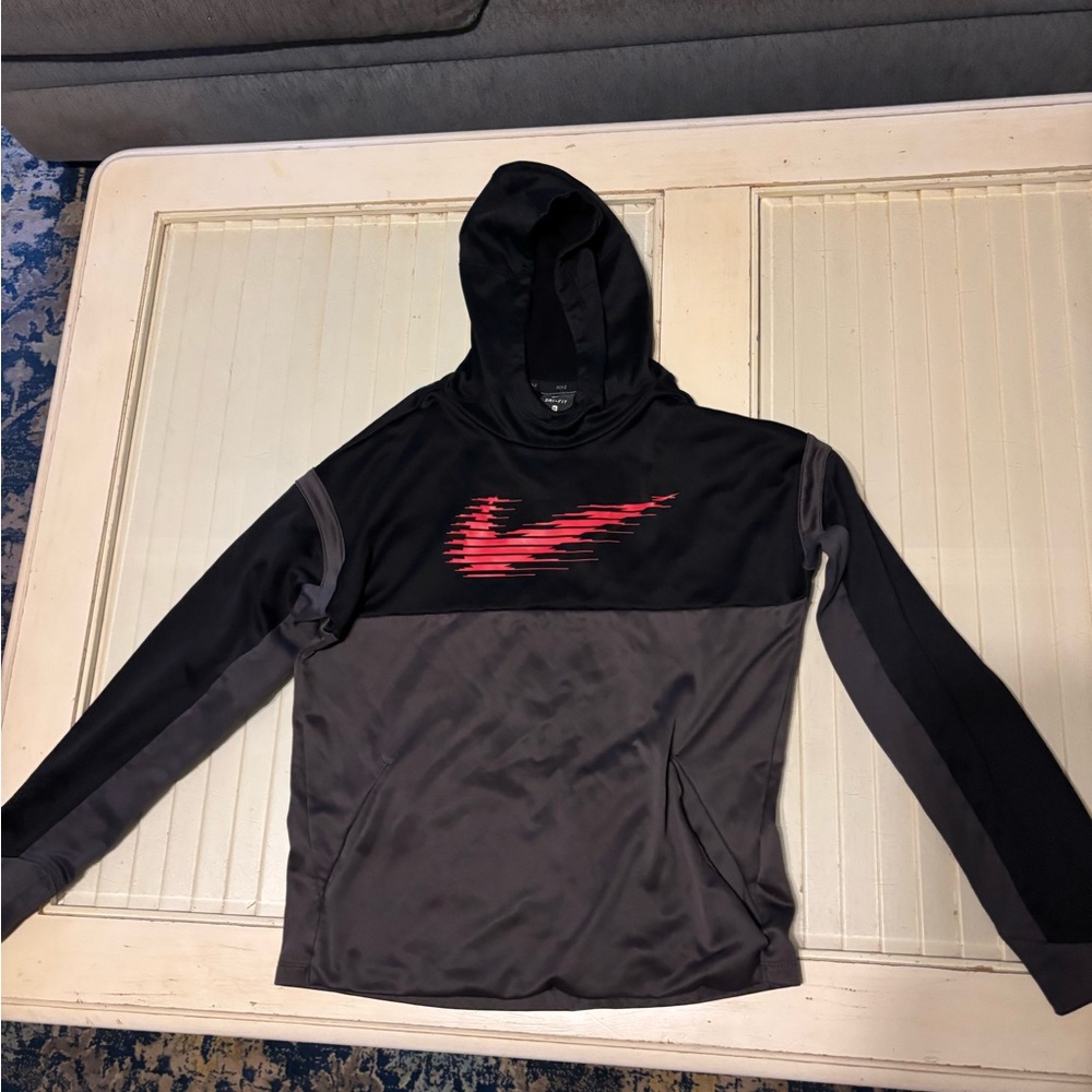 Nike Black & Gray Hoodie with Red Swoosh Graphic